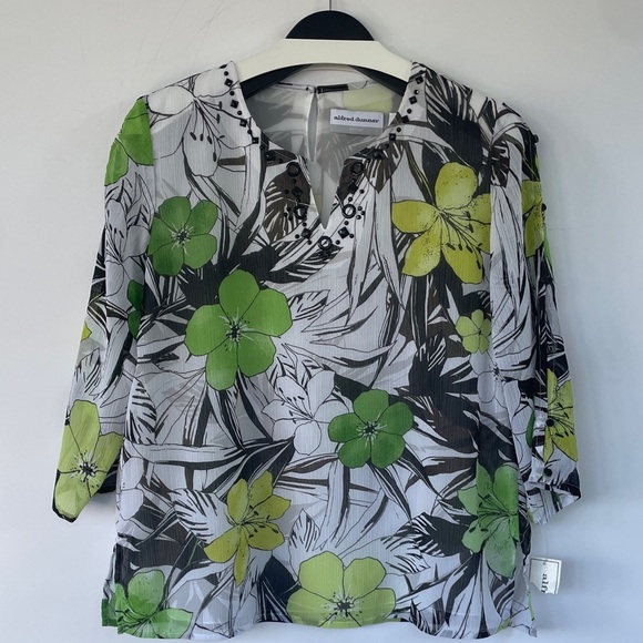 Alfred Dunner Sao Paolo Green and Black Floral Lined Blouse 8P - Picture 1 of 15